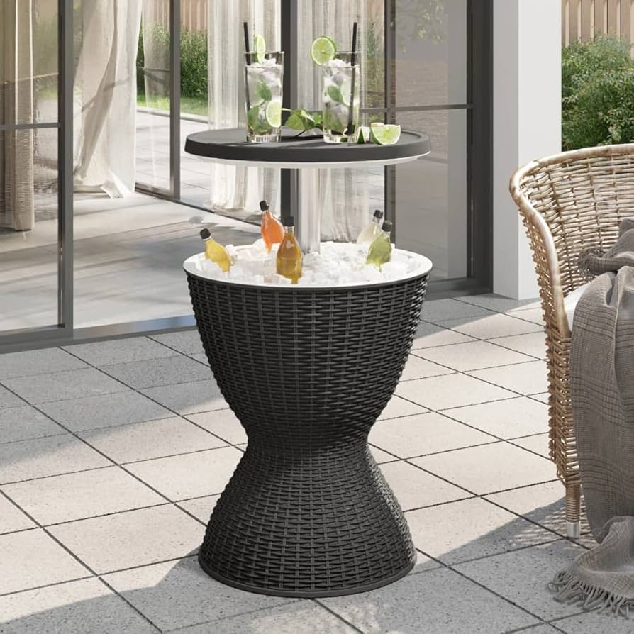 Hydrobot Outdoor Cool Bar Table, Rattan Style Patio 8 Gallon Beer and Wine Cooler, All-Weather Ice Bucket w/Height Adjustable Top, Drainage Plug, 3-in-1 Cocktail Coffee Table for Party, Pool (Coffee)