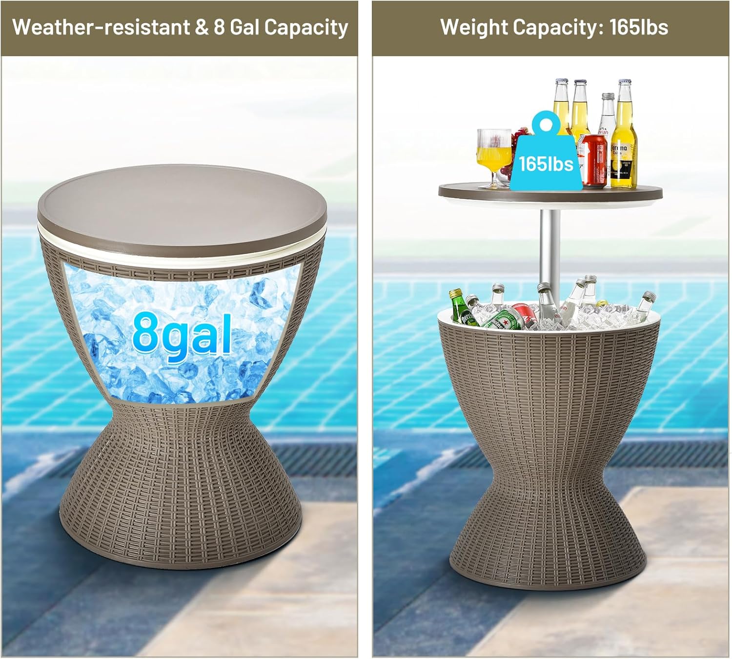 Hydrobot Outdoor Cool Bar Table, Rattan Style Patio 8 Gallon Beer and Wine Cooler, All-Weather Ice Bucket w/Height Adjustable Top, Drainage Plug, 3-in-1 Cocktail Coffee Table for Party, Pool (Coffee)