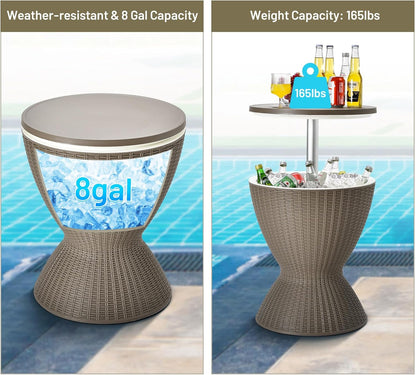Hydrobot Outdoor Cool Bar Table, Rattan Style Patio 8 Gallon Beer and Wine Cooler, All-Weather Ice Bucket w/Height Adjustable Top, Drainage Plug, 3-in-1 Cocktail Coffee Table for Party, Pool (Coffee)