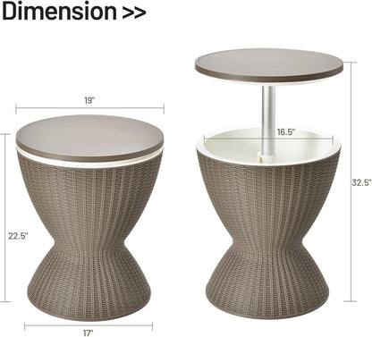 Hydrobot Outdoor Cool Bar Table, Rattan Style Patio 8 Gallon Beer and Wine Cooler, All-Weather Ice Bucket w/Height Adjustable Top, Drainage Plug, 3-in-1 Cocktail Coffee Table for Party, Pool (Coffee)