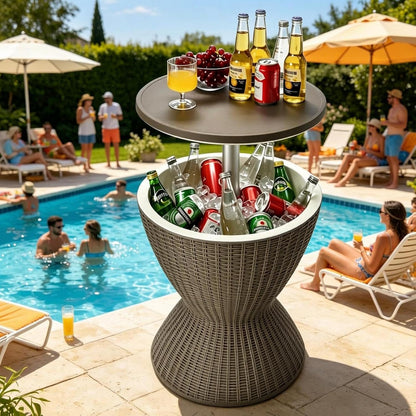 Hydrobot Outdoor Cool Bar Table, Rattan Style Patio 8 Gallon Beer and Wine Cooler, All-Weather Ice Bucket w/Height Adjustable Top, Drainage Plug, 3-in-1 Cocktail Coffee Table for Party, Pool (Coffee)