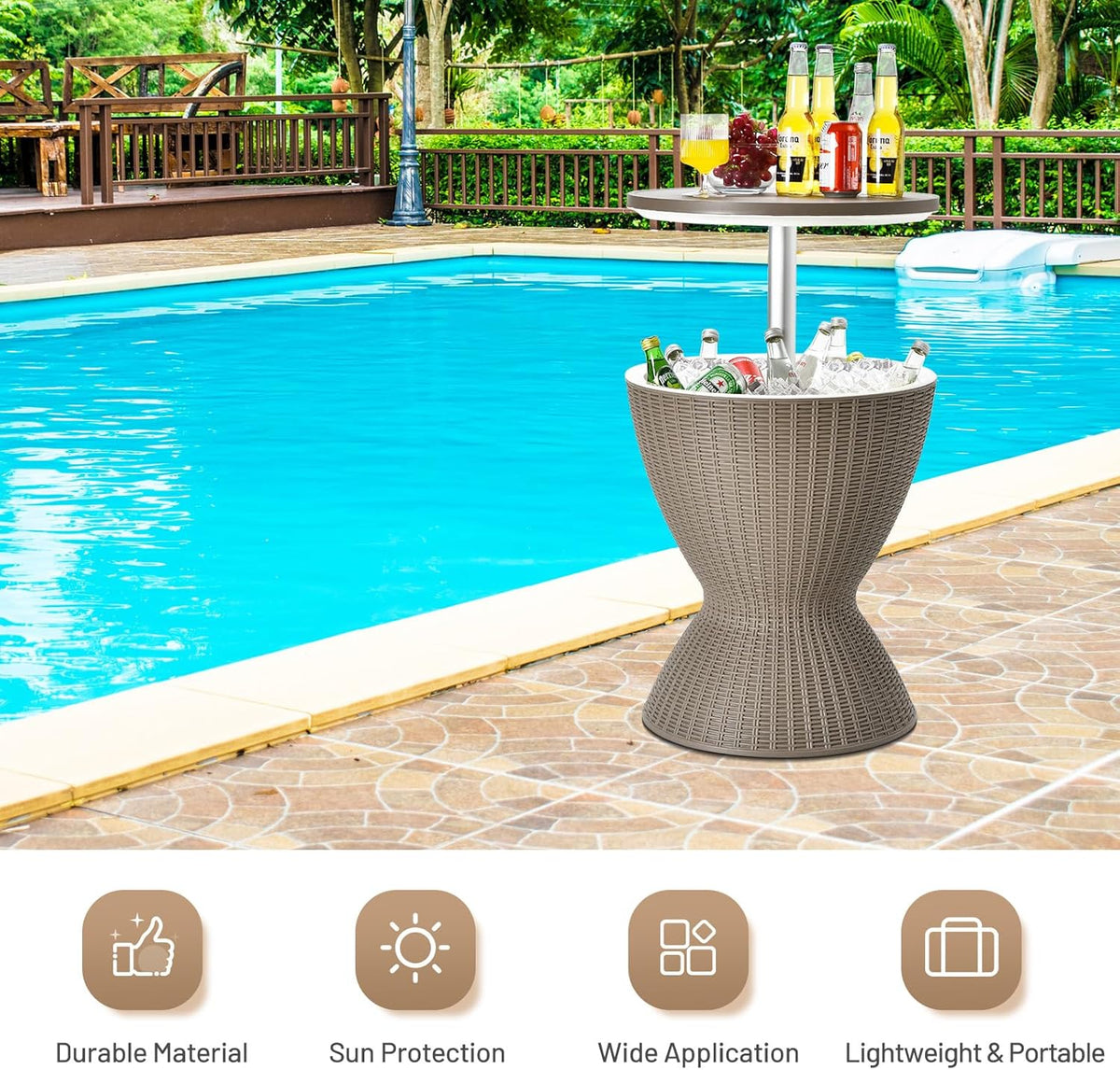 Hydrobot Outdoor Cool Bar Table, Rattan Style Patio 8 Gallon Beer and Wine Cooler, All-Weather Ice Bucket w/Height Adjustable Top, Drainage Plug, 3-in-1 Cocktail Coffee Table for Party, Pool (Coffee)