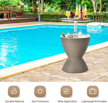 Hydrobot Outdoor Cool Bar Table, Rattan Style Patio 8 Gallon Beer and Wine Cooler, All-Weather Ice Bucket w/Height Adjustable Top, Drainage Plug, 3-in-1 Cocktail Coffee Table for Party, Pool (Coffee)