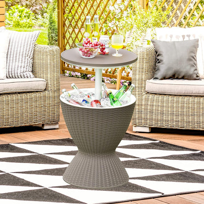 Hydrobot Outdoor Cool Bar Table, Rattan Style Patio 8 Gallon Beer and Wine Cooler, All-Weather Ice Bucket w/Height Adjustable Top, Drainage Plug, 3-in-1 Cocktail Coffee Table for Party, Pool (Coffee)